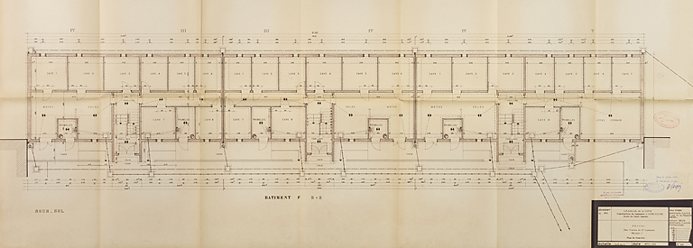 Bâtiment A à K : troisième tranche de 52 logements, bâtiment F, plan du sous-sol ; L. Robert, G. Denise, avril 1963. (Archives municipales Cosne-Cours-sur-Loire, 200 W 20 - PC 821) © Thierry  Kuntz (reproduction) / Région Bourgogne-Franche-Comté, Inventaire du patrimoine - 2014