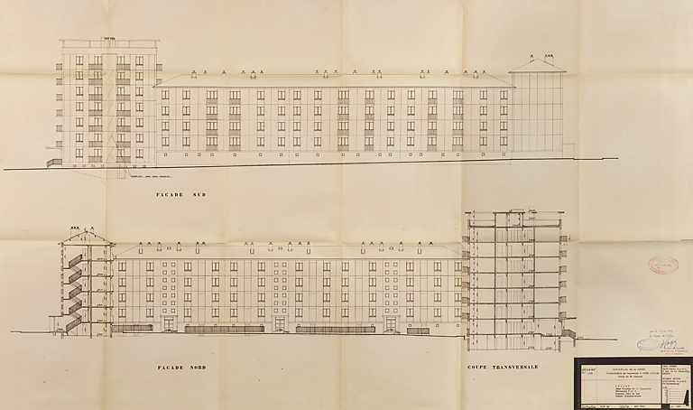 Bâtiment A à K : troisième tranche de 52 logements, bâtiments F et G, élévations des façades nord et sud, coupes ; L. Robert, G. Denise, mai 1965. (Archives municipales Cosne-Cours-sur-Loire, 200 W 20 - PC 821) © Thierry  Kuntz (reproduction) / Région Bourgogne-Franche-Comté, Inventaire du patrimoine - 2014