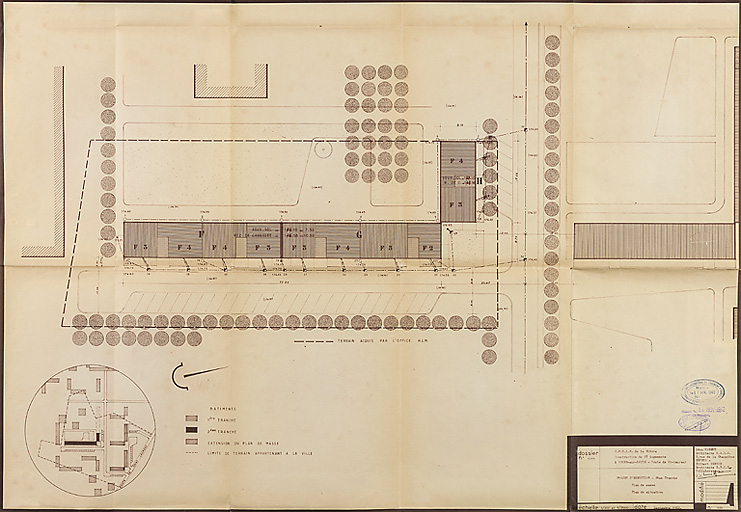 Bâtiment A à K : deuxième tranche, bâtiment E, plan de masse et de situation ; L. Robert, G. Denise, septembre 1962. (Archives municipales Cosne-Cours-sur-Loire, 200 W 12 - PC 592) © Thierry  Kuntz (reproduction) / Région Bourgogne-Franche-Comté, Inventaire du patrimoine - 2014
