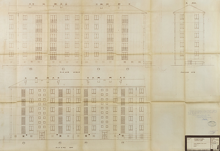 Bâtiment A à K : deuxième tranche, bâtiment E, élévations des façades ouest, est et sud ; L. Robert, G. Denise, septembre 1962. (Archives municipales Cosne-Cours-sur-Loire, 200 W 12 - PC 592) © Thierry  Kuntz (reproduction) / Région Bourgogne-Franche-Comté, Inventaire du patrimoine - 2014