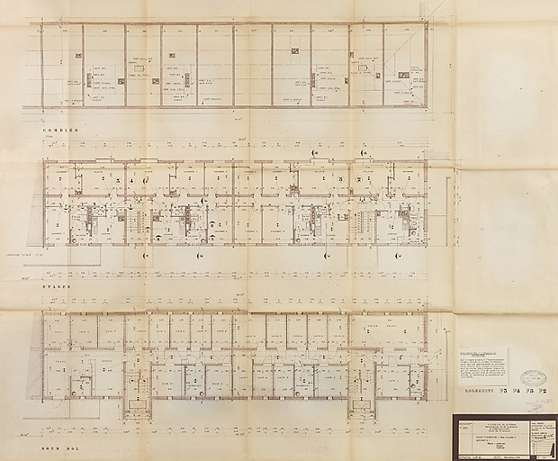 Bâtiment A à K : deuxième tranche, bâtiment E, plan du sous-sol, d'étage courant et des combles ; L. Robert, G. Denise, septembre 1962. (Archives municipales Cosne-Cours-sur-Loire, 200 W 12 - PC 592) © Thierry  Kuntz (reproduction) / Région Bourgogne-Franche-Comté, Inventaire du patrimoine - 2014