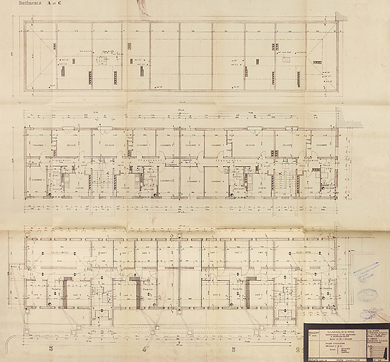 Bâtiment A à K : première tranche de 48 logements, bâtiments A et C, plans du sous-sol, d'étage courant et des combles ; L. Robert, G. Denise, décembre 1961. (Archives municipales Cosne-Cours-sur-Loire, 200 W 11 - PC 542) © Thierry  Kuntz (reproduction) / Région Bourgogne-Franche-Comté, Inventaire du patrimoine - 2014