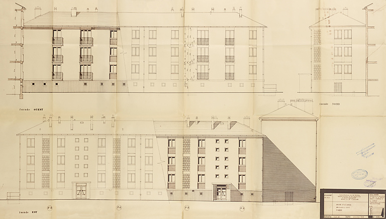 Bâtiment A à K : première tranche de 48 logements, bâtiments A et C, élévations des façades ouest, est et nord ; L. Robert, G. Denise, décembre 1961. (Archives municipales Cosne-Cours-sur-Loire, 200 W 11 - PC 542) © Thierry  Kuntz (reproduction) / Région Bourgogne-Franche-Comté, Inventaire du patrimoine - 2014