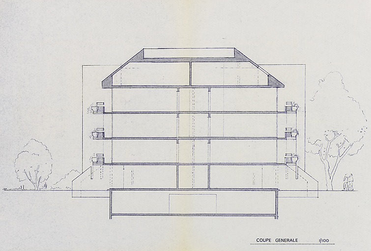 Opération de 132 logements : coupe générale des immeubles ; F. Martin Lavigne, D. Chenut, O. Senly, septembre 1979. (Archives municipales Cosne-Cours-sur-Loire, 200 W 115 - PC 684) © Thierry  Kuntz (reproduction) / Région Bourgogne-Franche-Comté, Inventaire du patrimoine - 2014