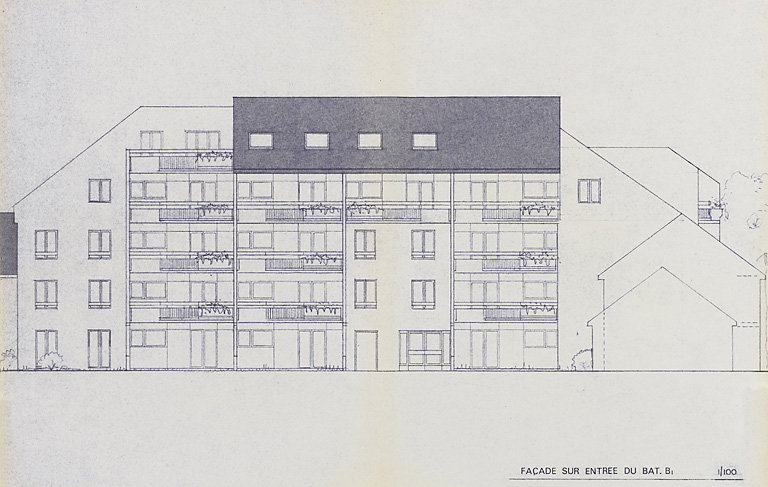 Opération de 132 logements : façade antérieure du bâtiment B ; F. Martin Lavigne, D. Chenut, O. Senly, septembre 1979. (Archives municipales Cosne-Cours-sur-Loire, 200 W 115 - PC 684) © Thierry  Kuntz (reproduction) / Région Bourgogne-Franche-Comté, Inventaire du patrimoine - 2014