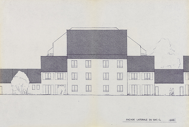 Opération de 132 logements : façade latérale du bâtiment C ; F. Martin Lavigne, D. Chenut, O. Senly, septembre 1979. (Archives municipales Cosne-Cours-sur-Loire, 200 W 115 - PC 684) © Thierry  Kuntz (reproduction) / Région Bourgogne-Franche-Comté, Inventaire du patrimoine - 2014