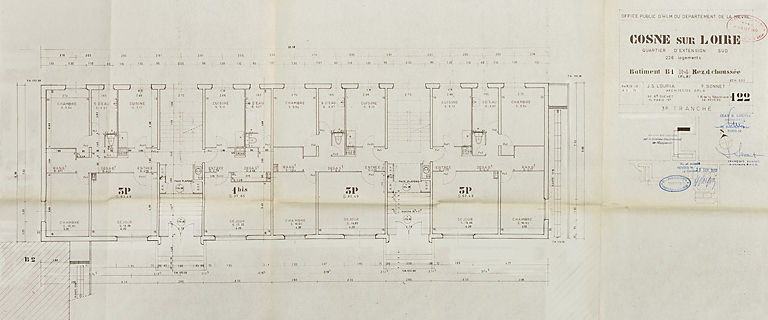 Opération de 226 logements : bâtiment B1, plan du rez-de-chaussée ; J. Louria, F. Sonnet, mars 1970. (Archives municipales Cosne-Cours-sur-Loire, 200 W 117 - PC 1015) © Thierry  Kuntz (reproduction) / Région Bourgogne-Franche-Comté, Inventaire du patrimoine - 2014