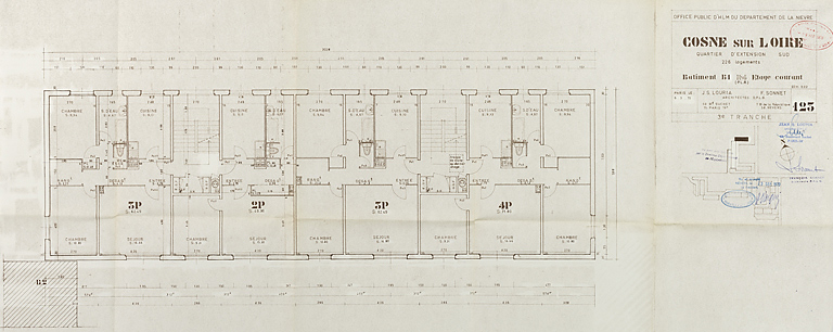 Opération de 226 logements : bâtiment B1, plan d'étage courant ; J. Louria, F. Sonnet, mars 1970. (Archives municipales Cosne-Cours-sur-Loire, 200 W 117 - PC 1015) © Thierry  Kuntz (reproduction) / Région Bourgogne-Franche-Comté, Inventaire du patrimoine - 2014