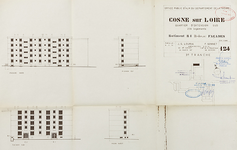 Opération de 226 logements : bâtiment B1, élévations des façades ; J. Louria, F. Sonnet, mars 1970. (Archives municipales Cosne-Cours-sur-Loire, 200 W 117 - PC 1015) © Thierry  Kuntz (reproduction) / Région Bourgogne-Franche-Comté, Inventaire du patrimoine - 2014