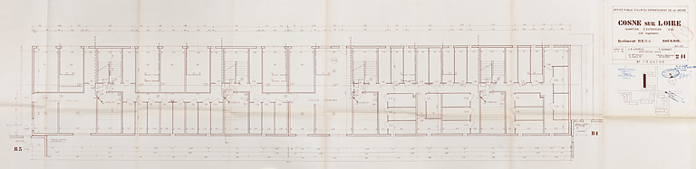 Opération de 226 logements : bâtiment B2, plan du sous-sol ; J. Louria, F. Sonnet, mai 1969. (Archives municipales Cosne-Cours-sur-Loire, 200 W 117 - PC 1015) © Thierry  Kuntz (reproduction) / Région Bourgogne-Franche-Comté, Inventaire du patrimoine - 2014