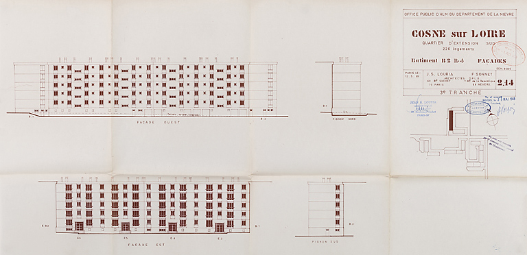 Opération de 226 logements : bâtiment B2, élévations des façades ; J. Louria, F. Sonnet, mai 1969. (Archives municipales Cosne-Cours-sur-Loire, 200 W 117 - PC 1015) © Thierry  Kuntz (reproduction) / Région Bourgogne-Franche-Comté, Inventaire du patrimoine - 2014