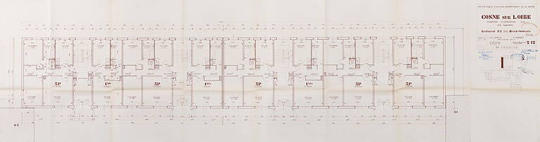 Opération de 226 logements : bâtiment B2, plan du rez-de-chaussée ; J. Louria, F. Sonnet, mai 1969. (Archives municipales Cosne-Cours-sur-Loire, 200 W 117 - PC 1015) © Thierry  Kuntz (reproduction) / Région Bourgogne-Franche-Comté, Inventaire du patrimoine - 2014