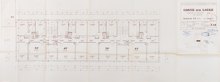 Opération de 226 logements : bâtiment B3, plan du deuxième, troisième et quatrième étages ; J. Louria, F. Sonnet, avril 1969. (Archives municipales Cosne-Cours-sur-Loire, 200 W 117 - PC 1015) © Thierry  Kuntz (reproduction) / Région Bourgogne-Franche-Comté, Inventaire du patrimoine - 2014