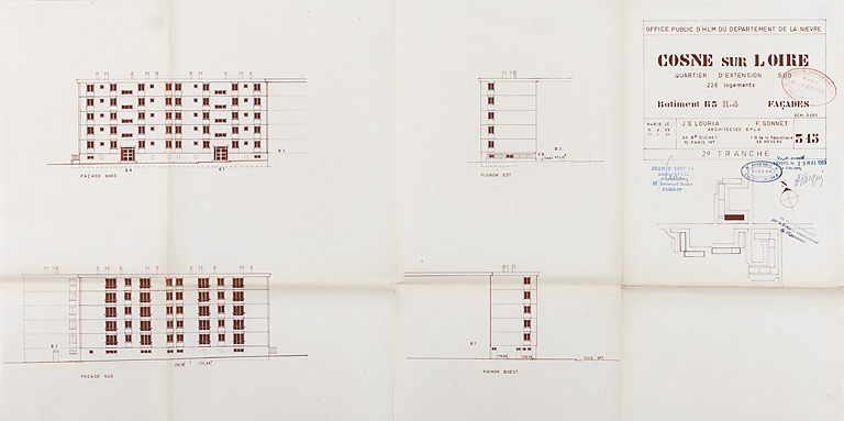 Opération de 226 logements : bâtiment B3, élévations des façades ; J. Louria, F. Sonnet, avril 1969. (Archives municipales Cosne-Cours-sur-Loire, 200 W 117 - PC 1015) © Thierry  Kuntz (reproduction) / Région Bourgogne-Franche-Comté, Inventaire du patrimoine - 2014