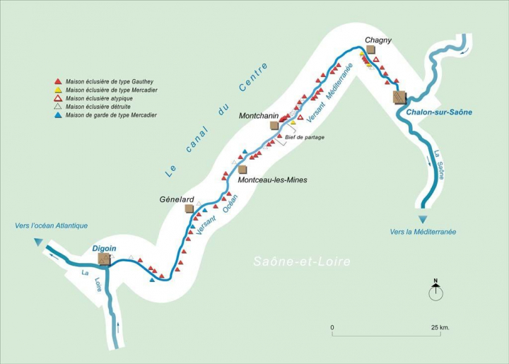 Carte schématique du canal du Centre avec la localisation des différentes maisons éclusières et de garde. © Alain Morelière / Région Bourgogne-Franche-Comté, Inventaire du patrimoine - 2014