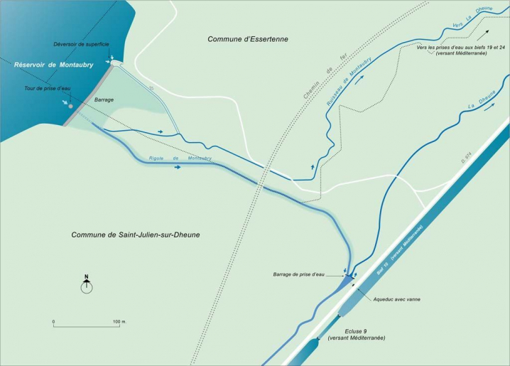 Carte schématique du barrage et de la rigole de Montaubry. © Alain Morelière / Région Bourgogne-Franche-Comté, Inventaire du patrimoine - 2014
