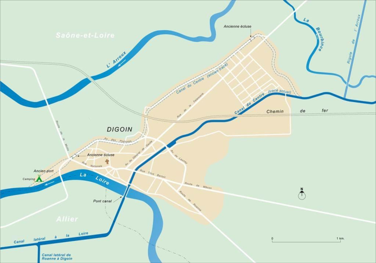 Carte schématique de l'ancien tracé du canal du Centre dans la ville de Digoin. © Alain Morelière / Région Bourgogne-Franche-Comté, Inventaire du patrimoine - 2014