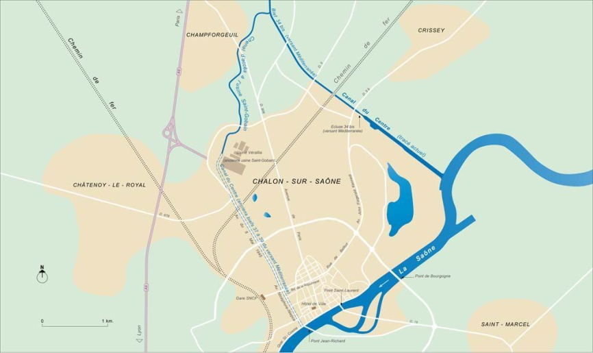 Carte schématique de l'ancien tracé du canal du Centre dans la ville de Chalon-sur-Saône. © Alain Morelière / Région Bourgogne-Franche-Comté, Inventaire du patrimoine - 2014