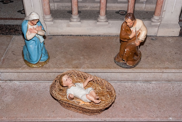 Personnages de crèche : Jésus, Marie et Joseph. © Pierre-Marie Barbe-Richaud / Région Bourgogne-Franche-Comté, Inventaire du patrimoine - 2016