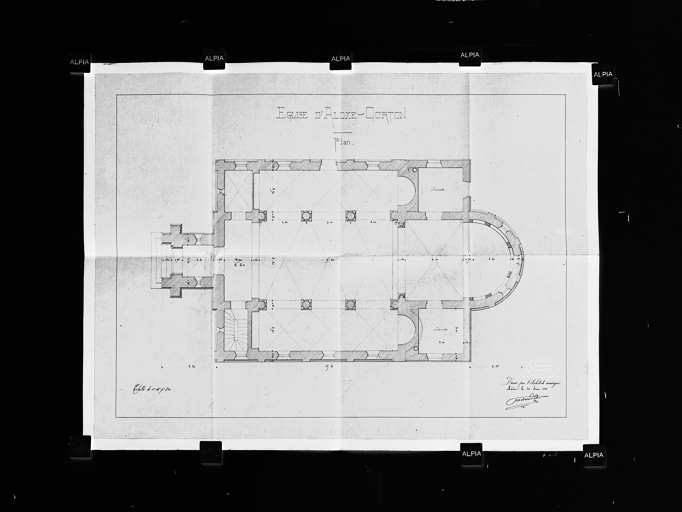 Plan de l'église d'Aloxe-Corton, dressé par l'architecte Pinchard le 30 juin 1888 (Archives communales, Aloxe-Corton). © Pierre-Marie  Barbe-Richaud (reproduction) / Région Bourgogne-Franche-Comté, Inventaire du patrimoine - 2016