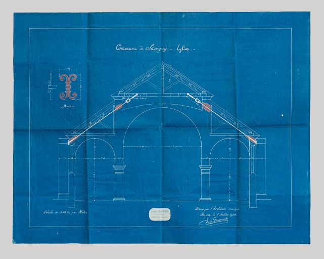 Coupe du projet de consolidation de l'église de Savigny-lès-Beaune. Louis Gagnerot - Architecte. 6 juillet 1908. (Archives municipales, Savigny-lès-Beaune) © Pierre-Marie  Barbe-Richaud (reproduction) / Région Bourgogne-Franche-Comté, Inventaire du patrimoine - 2017