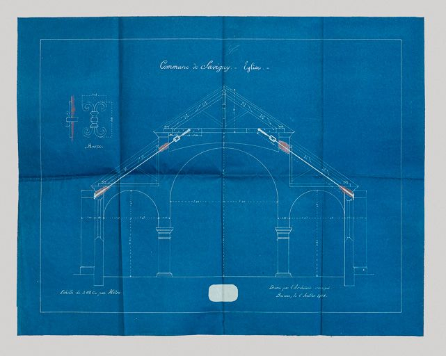 Coupe du projet de consolidation de l'église de Savigny-lès-Beaune. 6 juillet 1908. (Archives municipales, Savigny-lès-Beaune) © Pierre-Marie  Barbe-Richaud (reproduction) / Région Bourgogne-Franche-Comté, Inventaire du patrimoine - 2017