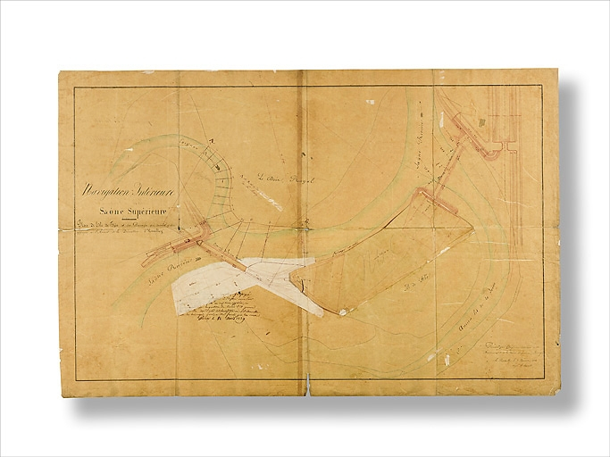 "Navigation Intérieure - Saône supérieure. Plan de l'Isle de Flée et des Barrages qui doivent y être appuyés à l'Amont de la Dérivation d'Heuilley". Ingénieur ordinaire G Bonnet ; 7 novembre 1838. © Thierry  Kuntz (reproduction) / Région Bourgogne-Franche-Comté, Inventaire du patrimoine - 2017