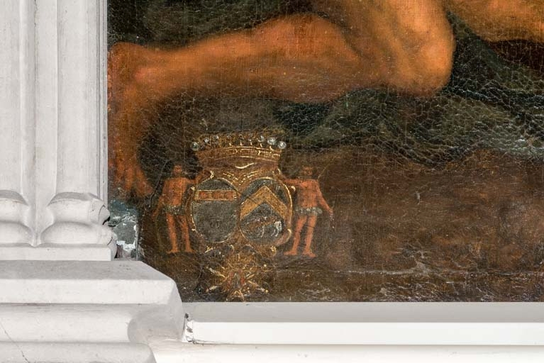 Détail des écussons en bas à gauche. © Pierre-Marie Barbe-Richaud / Région Bourgogne-Franche-Comté, Inventaire du patrimoine - 2018