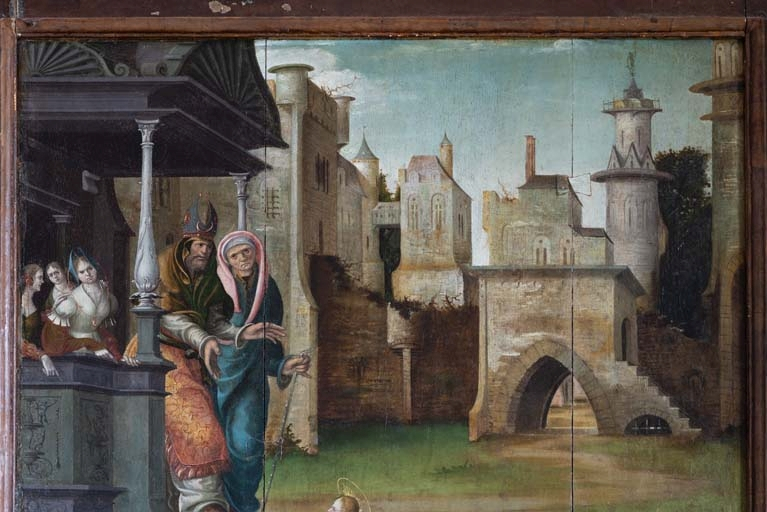 Détail du volet droit : Temple et ville à l'arrière-plan. © Pierre-Marie Barbe-Richaud / Région Bourgogne-Franche-Comté, Inventaire du patrimoine - 2018