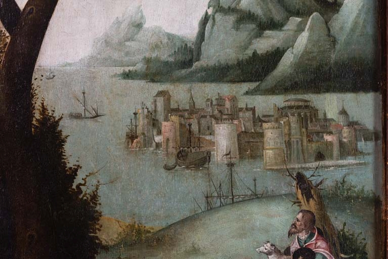 Détail du volet gauche : paysage à l'arrière-plan. © Pierre-Marie Barbe-Richaud / Région Bourgogne-Franche-Comté, Inventaire du patrimoine - 2018