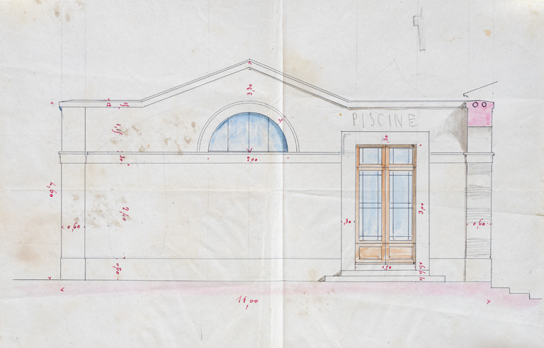 Piscine, projet, façade nord (vers 1866). © Pierre-Marie Barbe-Richaud / Région Bourgogne-Franche-Comté, Inventaire du patrimoine - 2019 Piscine, projet, façade nord (vers 1866). © Pierre-Marie Barbe-Richaud / Région Bourgogne-Franche-Comté, Inventaire du patrimoine - 2019