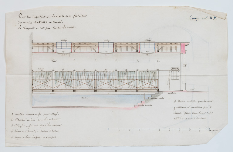 Piscine, projet, coupe longitudinale (vers 1866). © Pierre-Marie Barbe-Richaud / Région Bourgogne-Franche-Comté, Inventaire du patrimoine - 2019 Piscine, projet, coupe longitudinale (vers 1866). © Pierre-Marie Barbe-Richaud / Région Bourgogne-Franche-Comté, Inventaire du patrimoine - 2019