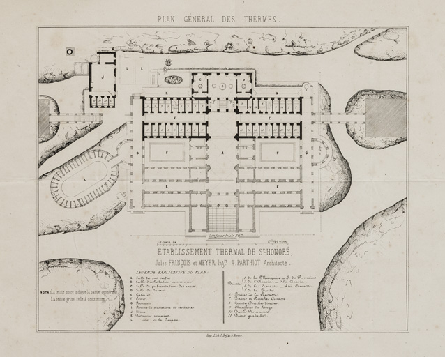Plan de l'établissement thermal projeté avec les parties effectivement construites en 1854-1857. © Pierre-Marie Barbe-Richaud / Région Bourgogne-Franche-Comté, Inventaire du patrimoine - 2019 Plan de l'établissement thermal projeté avec les parties effectivement construites en 1854-1857. © Pierre-Marie Barbe-Richaud / Région Bourgogne-Franche-Comté, Inventaire du patrimoine - 2019