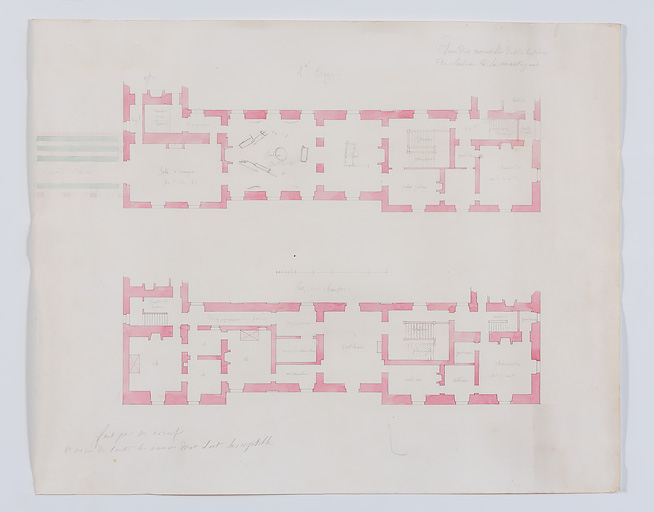 Plan du rez-de-chaussée et du premier étage du corps principal du château, avec la distibution du nouvel appartement. © Pierre-Marie Barbe-Richaud / Région Bourgogne-Franche-Comté, Inventaire du patrimoine - 2019 Plan du rez-de-chaussée et du premier étage du corps principal du château, avec la distibution du nouvel appartement. © Pierre-Marie Barbe-Richaud / Région Bourgogne-Franche-Comté, Inventaire du patrimoine - 2019