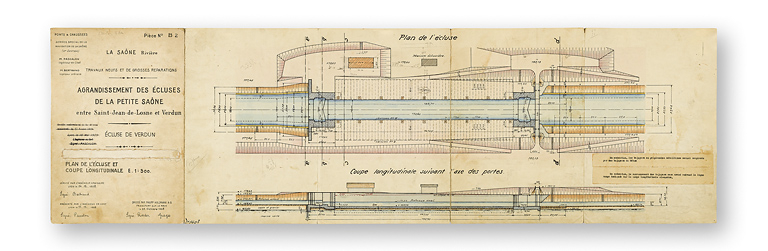 Agrandissement des écluses de la petite Saône entre Saint-Jean-de-Losne et Verdun. Ecluse de Verdun. Plan de l'écluse et coupe longitudinale. © Thierry  Kuntz (reproduction) / Région Bourgogne-Franche-Comté, Inventaire du patrimoine - 2019