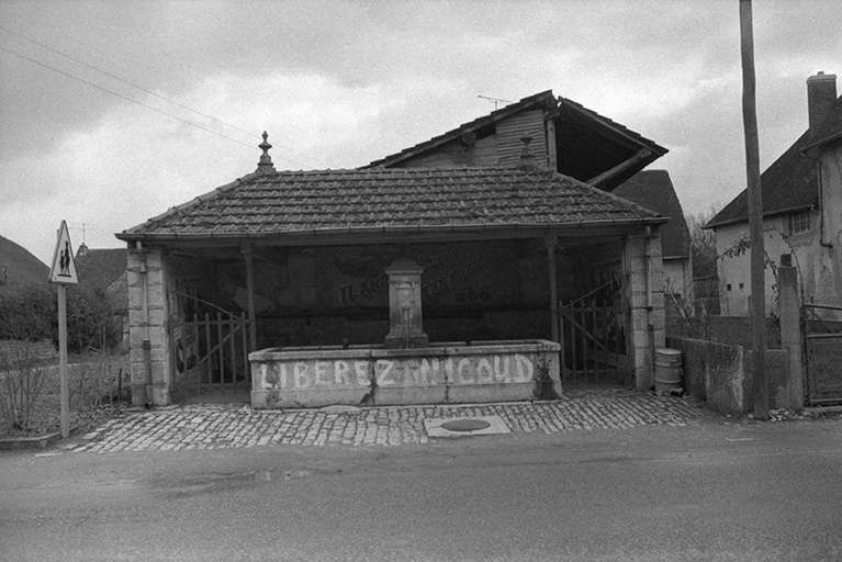 Fontaine-lavoir, pierre, XIXe siècle : vue depuis la route. © Guy Forestier / Région Bourgogne-Franche-Comté, Inventaire du patrimoine - 1974