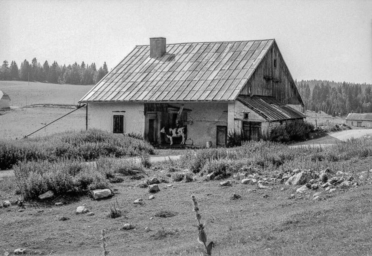 Ferme située au lieudit Le Pré Poncet : Vue d'ensemble dans le site. © Gilbert Poinsot / Région Bourgogne-Franche-Comté, Inventaire du patrimoine - 1975