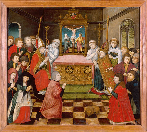 Panneau : donateurs devant un autel dans une chapelle. © Yves Sancey / Région Bourgogne-Franche-Comté, Inventaire du patrimoine - 1978