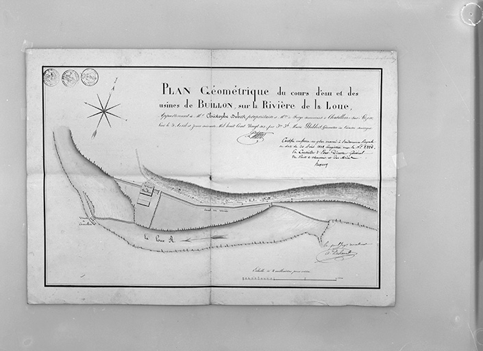 Plan géométrique du cours d'eau et des usines de Buillon sur la rivière de la Loue. © Yves Sancey / Région Bourgogne-Franche-Comté, Inventaire du patrimoine - 1979 Plan géométrique du cours d'eau et des usines de Buillon sur la rivière de la Loue. © Yves Sancey / Région Bourgogne-Franche-Comté, Inventaire du patrimoine - 1979