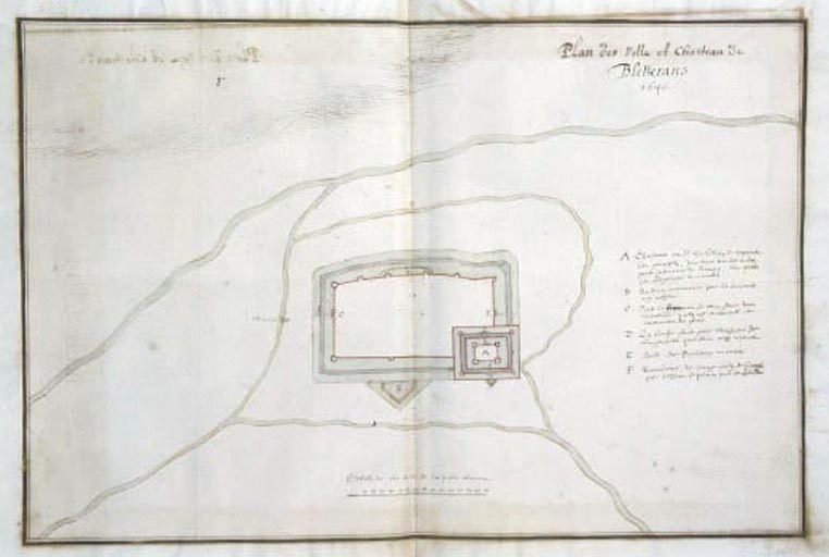 Plan des ville et chasteau de Bletterans (1640) tiré de l'Atlas 106, Paris, Bilbliothèque de l'Inspection du Génie. © Yves Sancey / Région Bourgogne-Franche-Comté, Inventaire du patrimoine - 1980