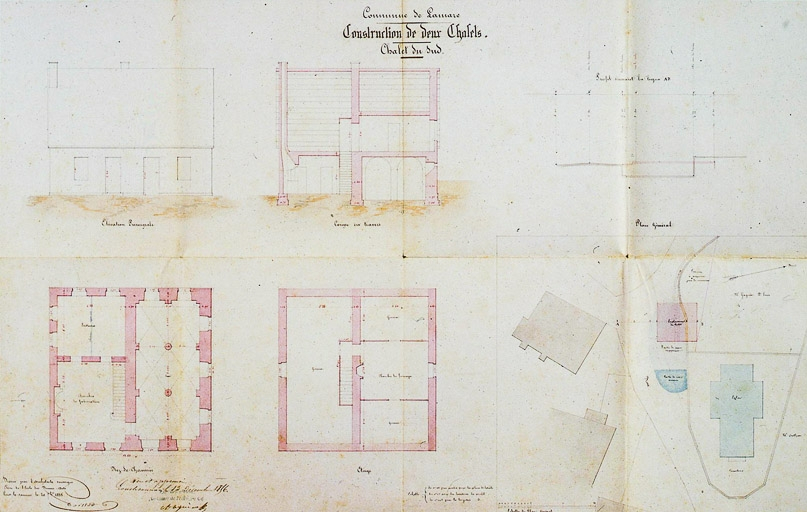 Commune de Lamarre. Construction de deux chalets. Chalet du sud : plan, coupes et élévation. © Dominique Dominguez / Région Bourgogne-Franche-Comté, Inventaire du patrimoine - 1981