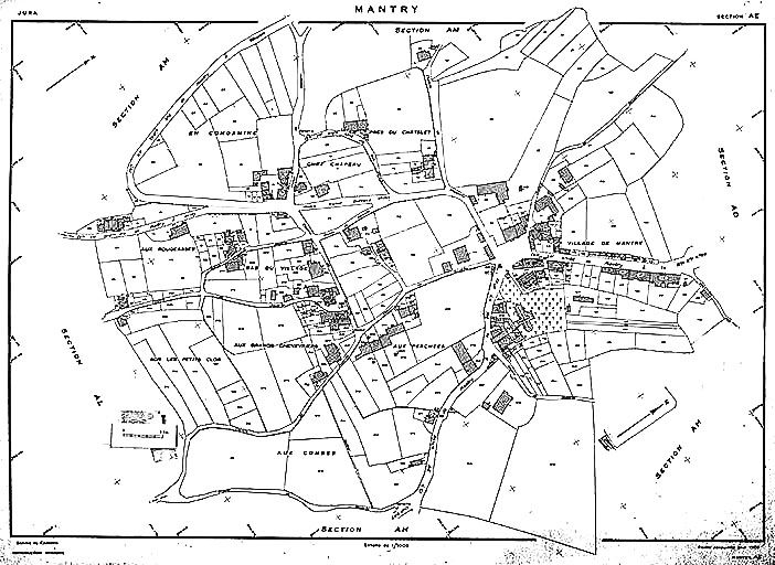 Cadastre avec position des fermes repérées et des fermes sélectionnées. Cadastre de 1959, section AE. © Yves Sancey / Région Bourgogne-Franche-Comté, Inventaire du patrimoine - 1982
