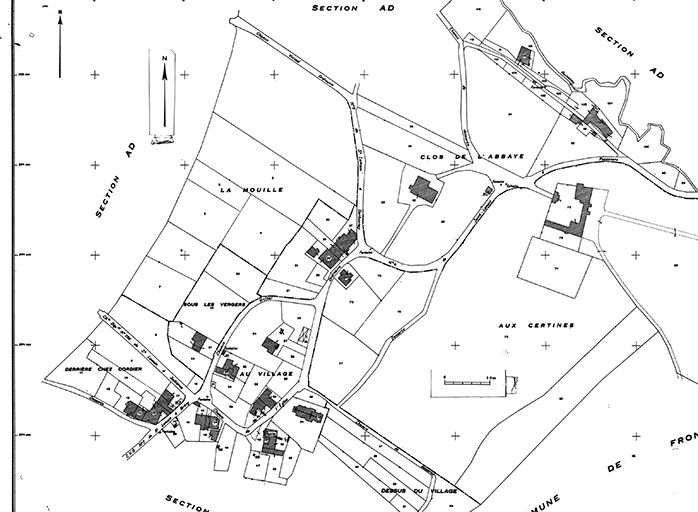 Plan cadastral 1960, section AE avec position des fermes repérées © Yves Sancey / Région Bourgogne-Franche-Comté, Inventaire du patrimoine - 1982