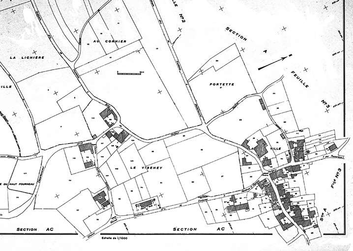 Cadastre avec position des fermes repérées et sélectionnées. Cadastre de 1958, section AB. © Yves Sancey / Région Bourgogne-Franche-Comté, Inventaire du patrimoine - 1982