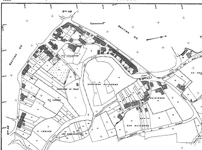 Cadastre avec position des maisons et fermes repérées et sélectionnées. Cadastre de 1961, section AD. © Yves Sancey / Région Bourgogne-Franche-Comté, Inventaire du patrimoine - 1982