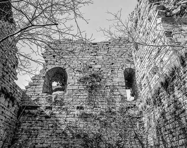 Vue générale des ruines du donjon depuis l'intérieur. © Yves Sancey / Région Bourgogne-Franche-Comté, Inventaire du patrimoine - 1983