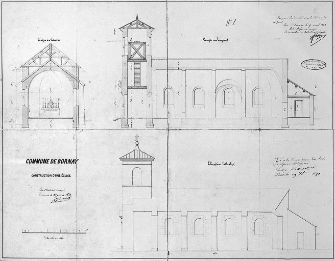 Coupe en travers , coupe en longueur, élévation latérale. © Yves Sancey / Région Bourgogne-Franche-Comté, Inventaire du patrimoine - 1983