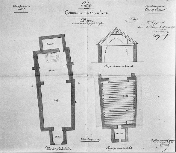 Plan, coupe transversale, coupe au niveau du plafond. © Yves Sancey / Région Bourgogne-Franche-Comté, Inventaire du patrimoine - 1983