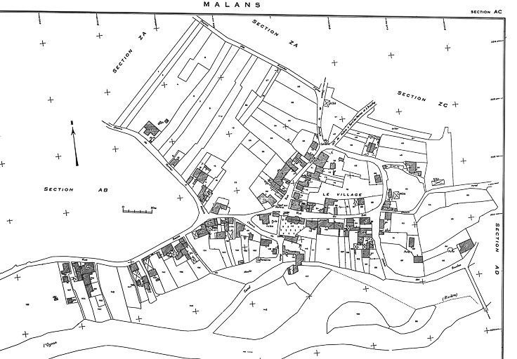 Fond de carte : extrait du cadastre de 1963, section AC. © Yves Sancey / Région Bourgogne-Franche-Comté, Inventaire du patrimoine - 1983