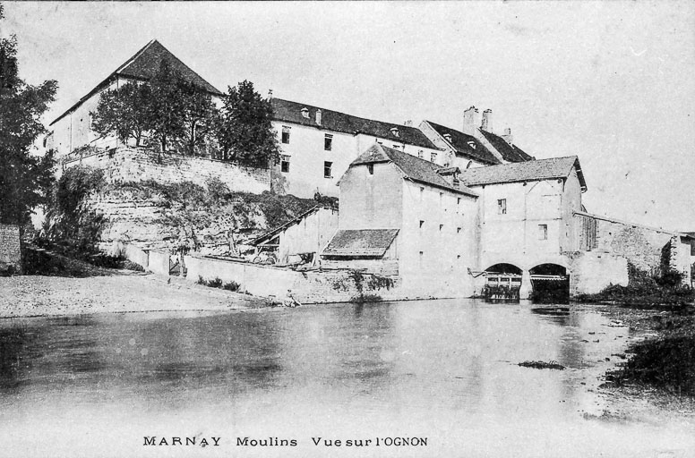 MARNAY - Moulins - Vue sur l'Ognon. Moulin avant sa destruction. © Yves Sancey / Région Bourgogne-Franche-Comté, Inventaire du patrimoine - 1983